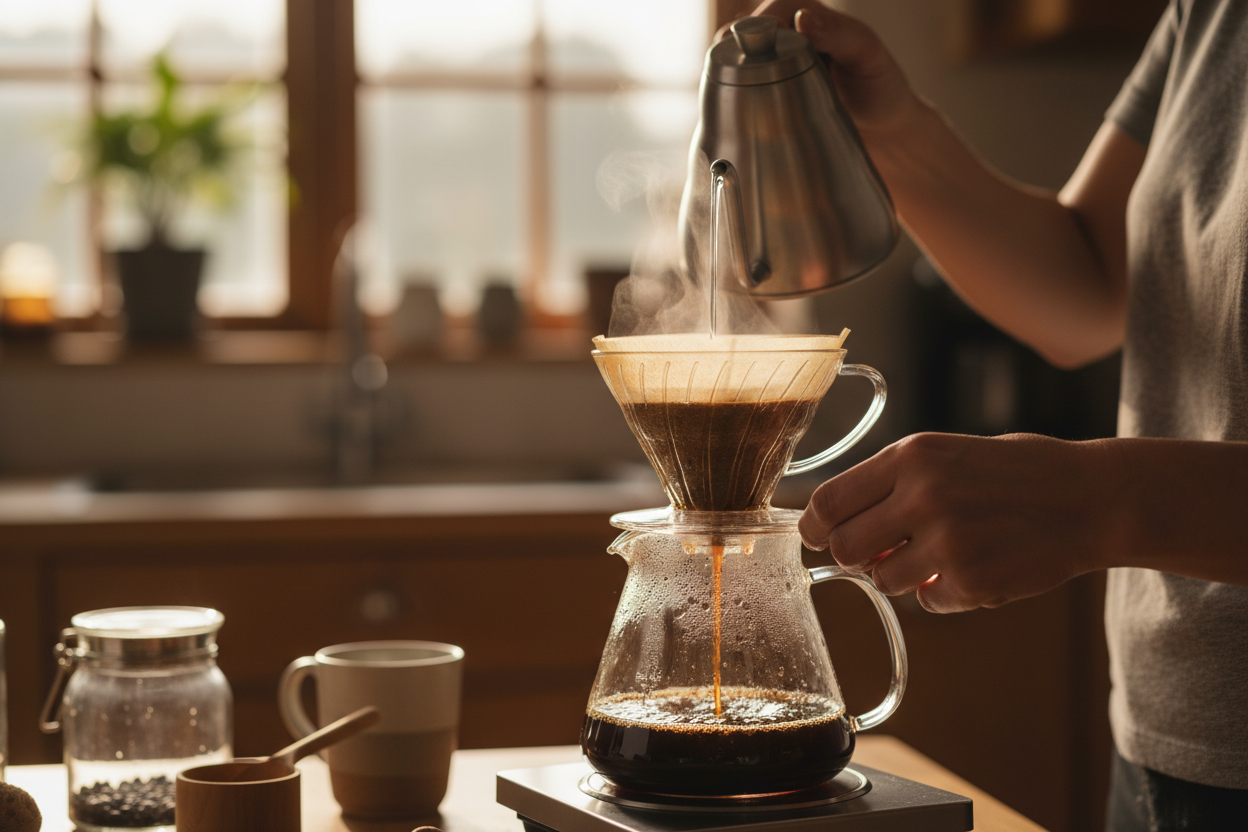 Una persona preparando café con una cafetera de goteo. Solo se ven sus manos, los accesorios y el café. La persona esta en una cocina, el fondo esta difuminado. Es hiperrealista y en 4K